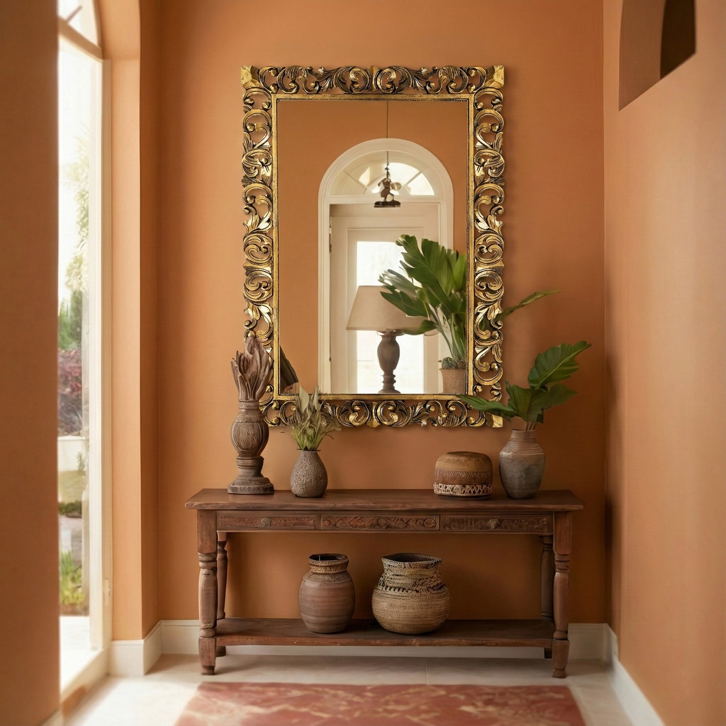 Hand Carved Mirror "Cempaka" Gold Wash - 180 cm