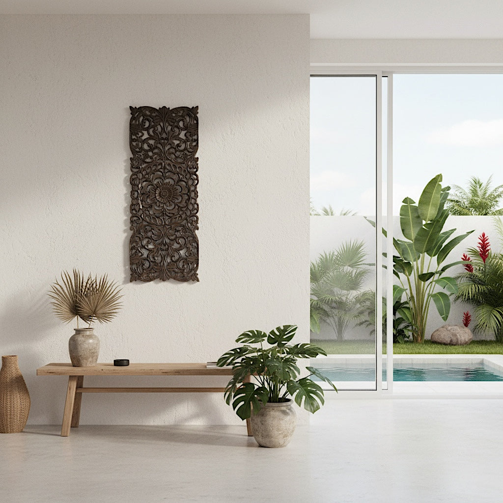 Carved Decorative Panel "Indah" - Dark Brown & Antic Wash - 100 cm