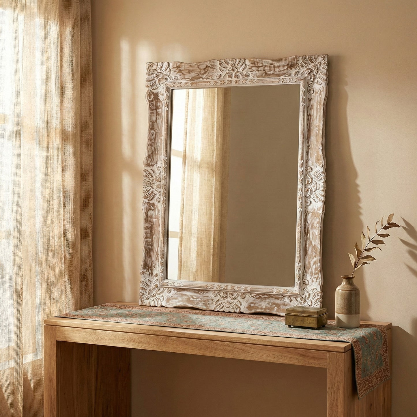Hand Carved Mirror "Pertiwi" - Natural Wash - 90 cm