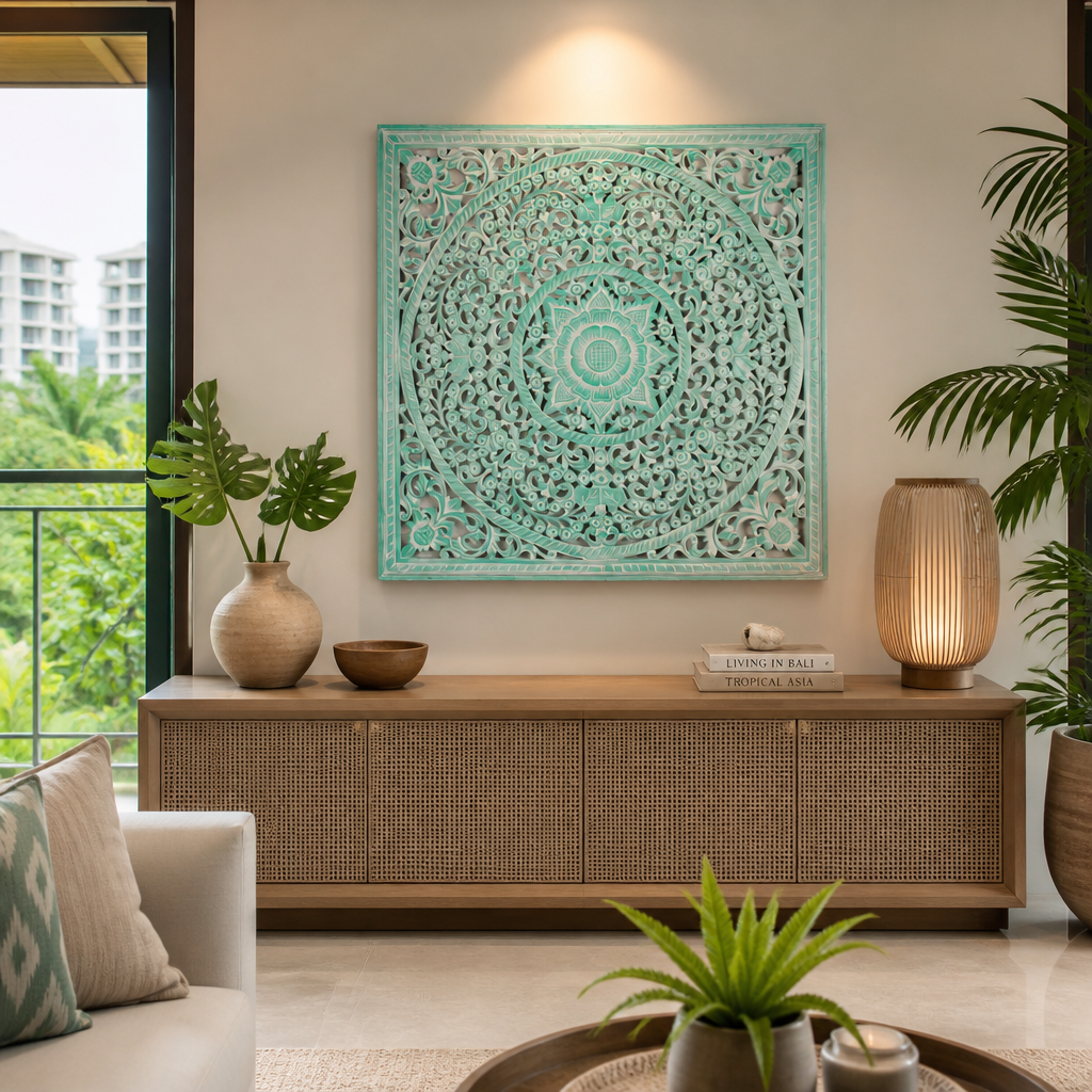 Carved Decorative Panel "Peony" in Green Wash - 110 x 110 cm