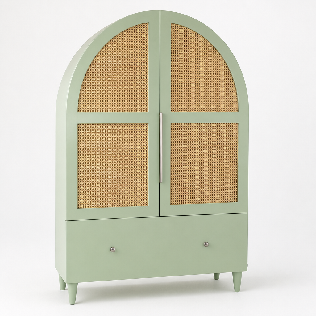 Wooden & Rattan Carved Wardrobe "Cemagi" - Sage & Natural - 200 x 100 cm