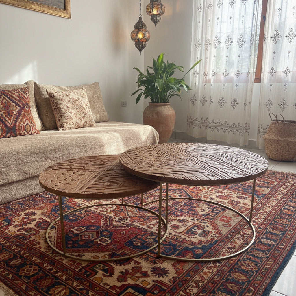 Carved Wooden Nesting Table "Huni" - 80 and 60 cm