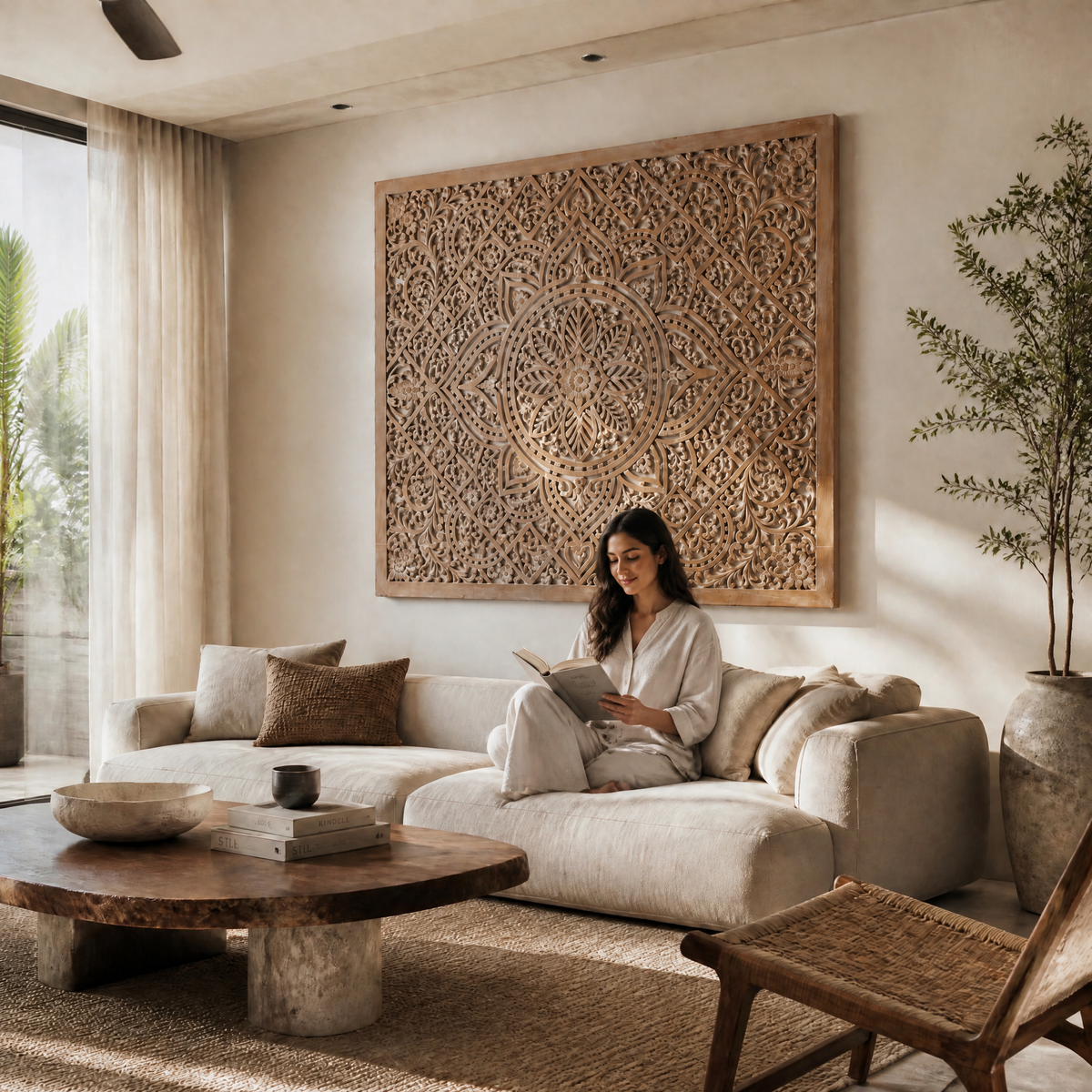 Carved Decorative Panel "Jatiluwih" in Antique Wash - 160 x 140 cm