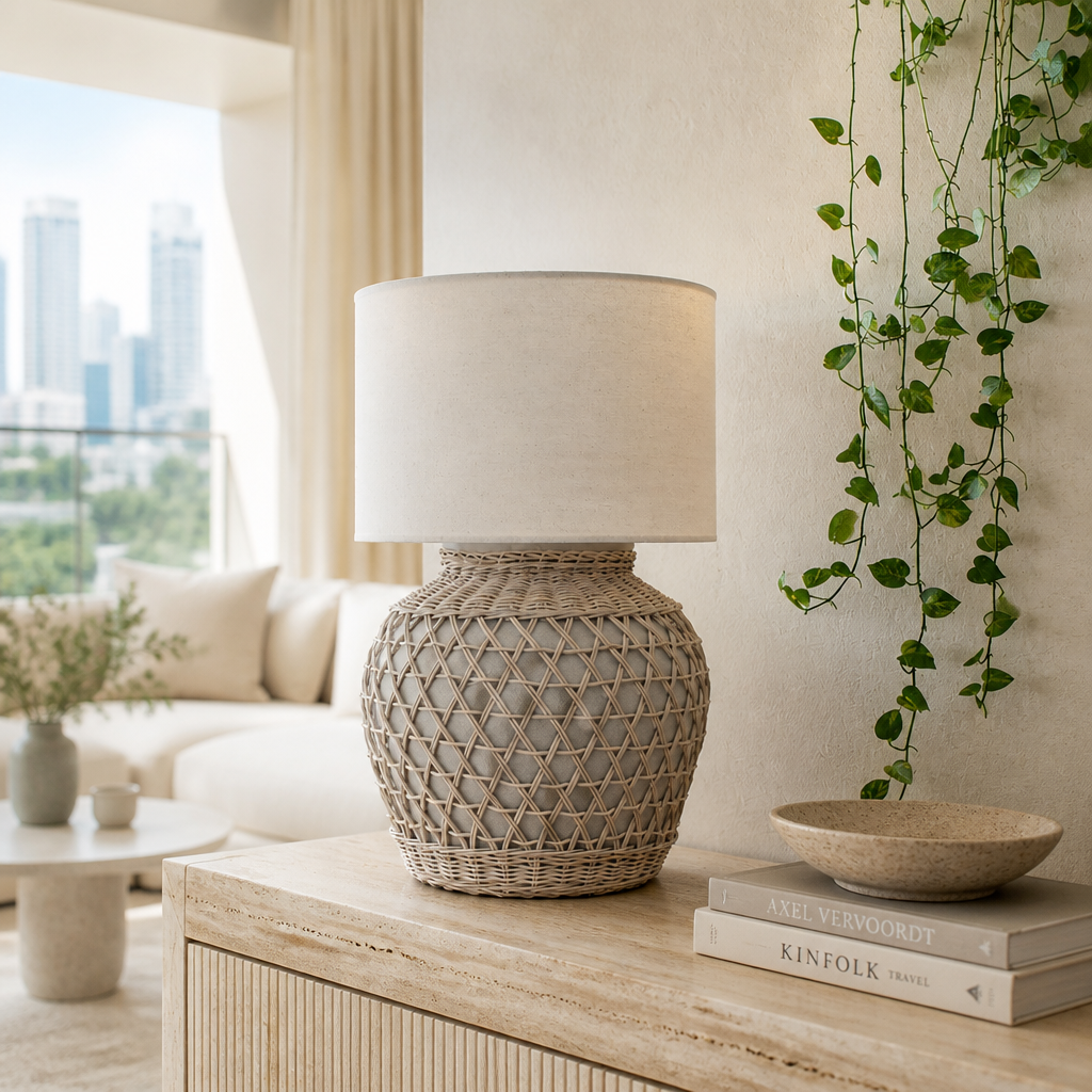 Ceramic & Rattan Table Lamp 'Tulipe'