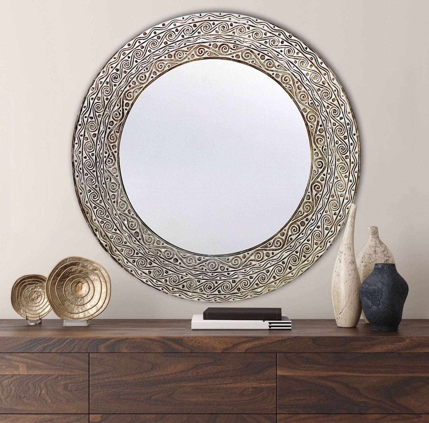 Hand Carved Mirror "Aruni" - White Wash - 80 cm