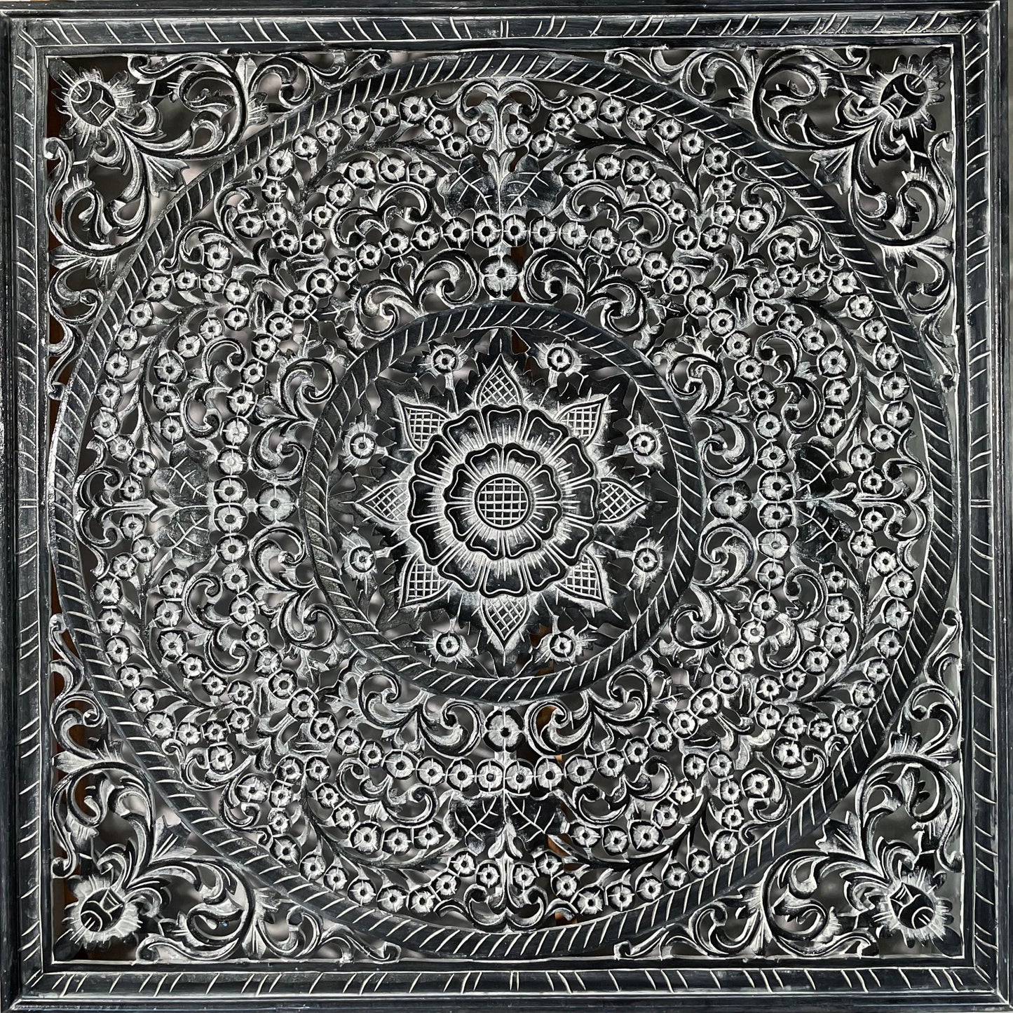 Carved Full Bed Headboard "Peony" - Monochrome