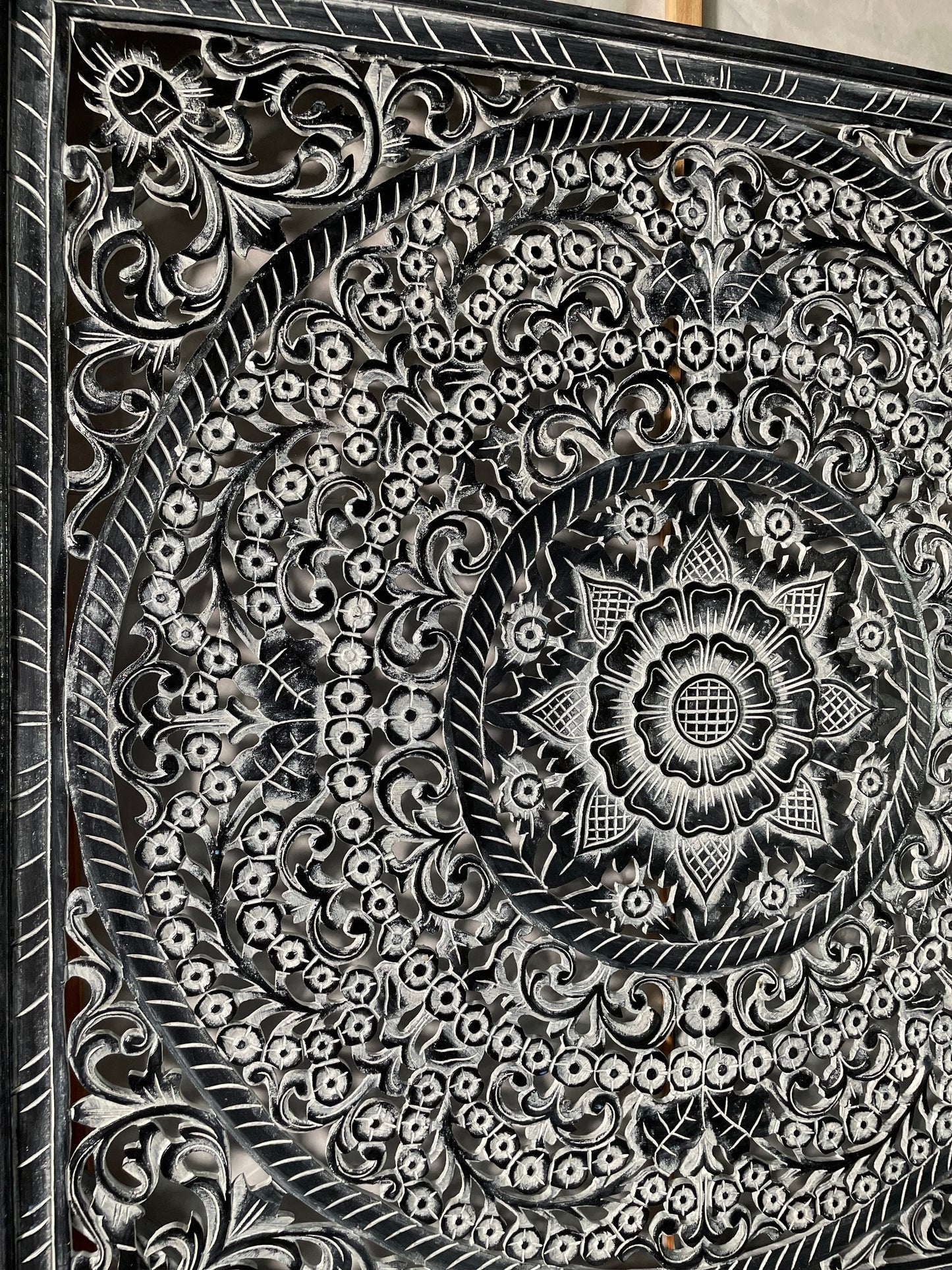 Carved Full Bed Headboard "Peony" - Monochrome