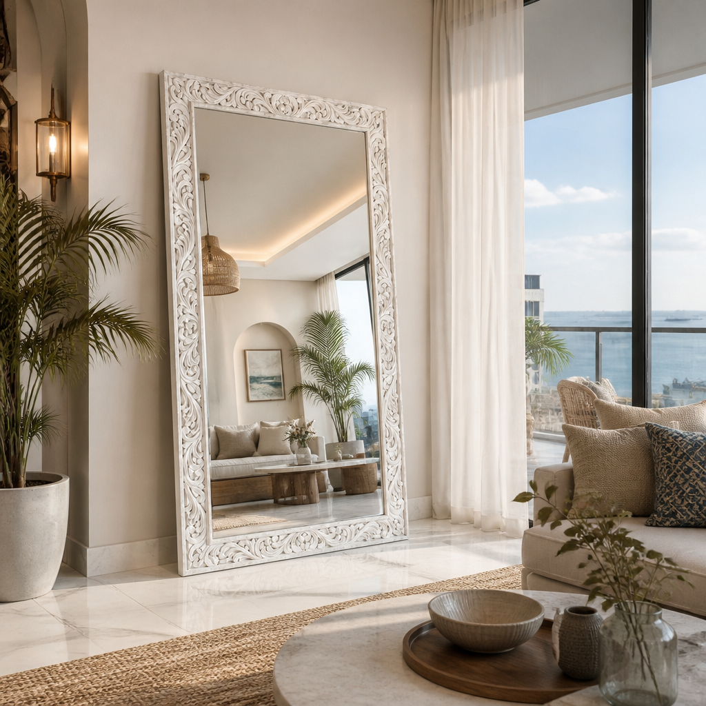Hand Carved Wooden Mirror "Asmara" in White - 150 x 90 cm