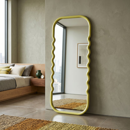 Wooden Wavy Mirror 'Asri' - Yellow -  160 x 60 cm