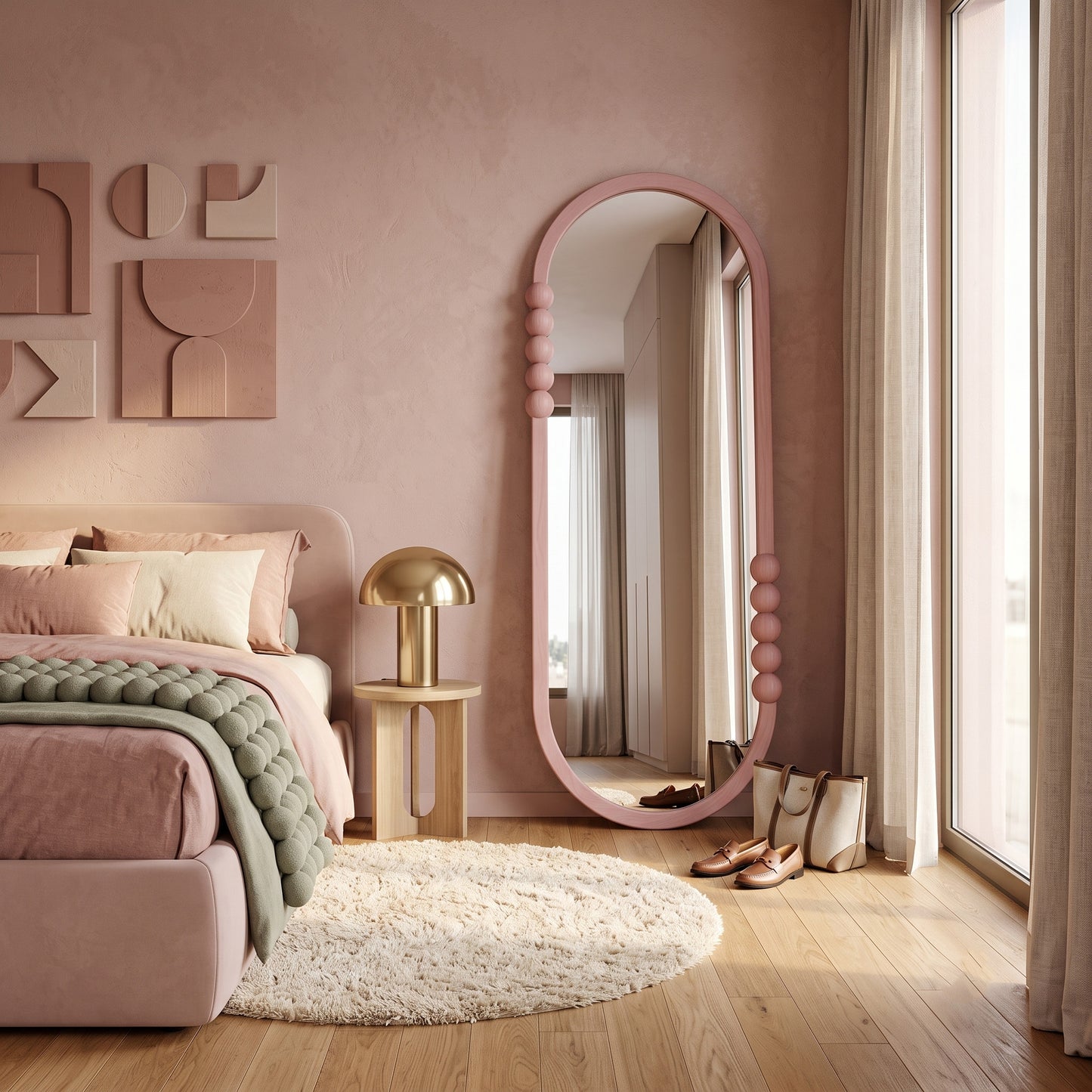 Wooden Mid-Century Mirror 'Noemi' - Pink -  160 x 60 cm