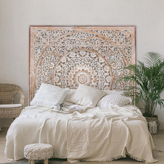 Giant Wood Wall Art / Full Bed Headboard "Manusa" - Antic-wash - [US-stock]