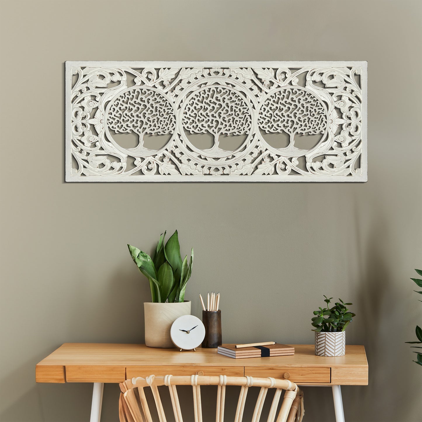 Decorative Panel "3 Tree of Life" - White wash - 100 x 40 cm