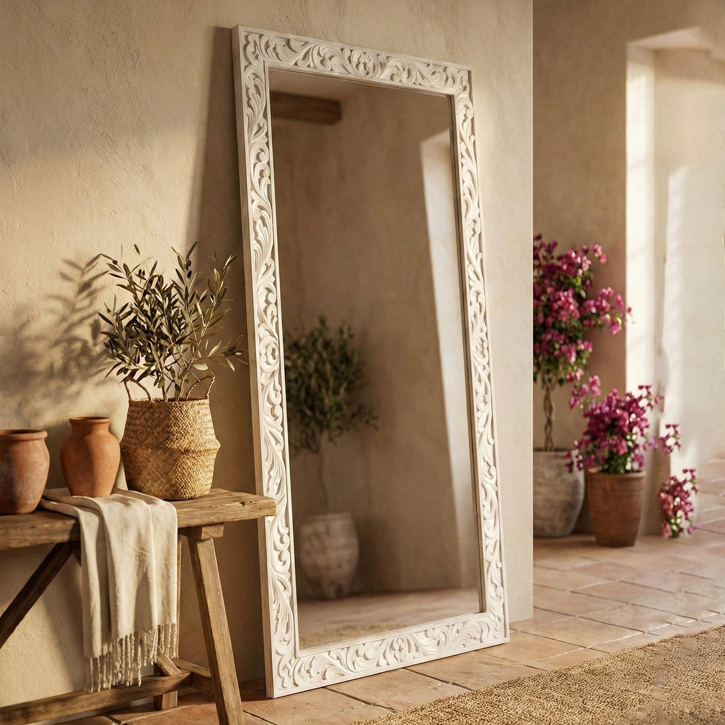 Hand Carved Wooden Mirror "Asmara" in White - 150 cm