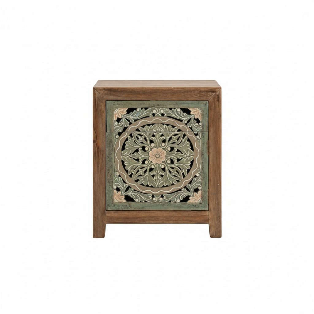 Wooden Carved Bedside Table 'Sekar' - Natural and Multicolor Green - 60 cm