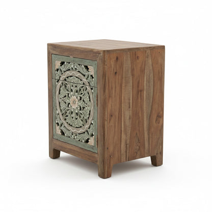 Wooden Carved Bedside Table 'Sekar' - Natural and Multicolor Green - 60 cm