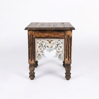 Wooden Carved Side Table 'Jejak' - Brown and Multicolor