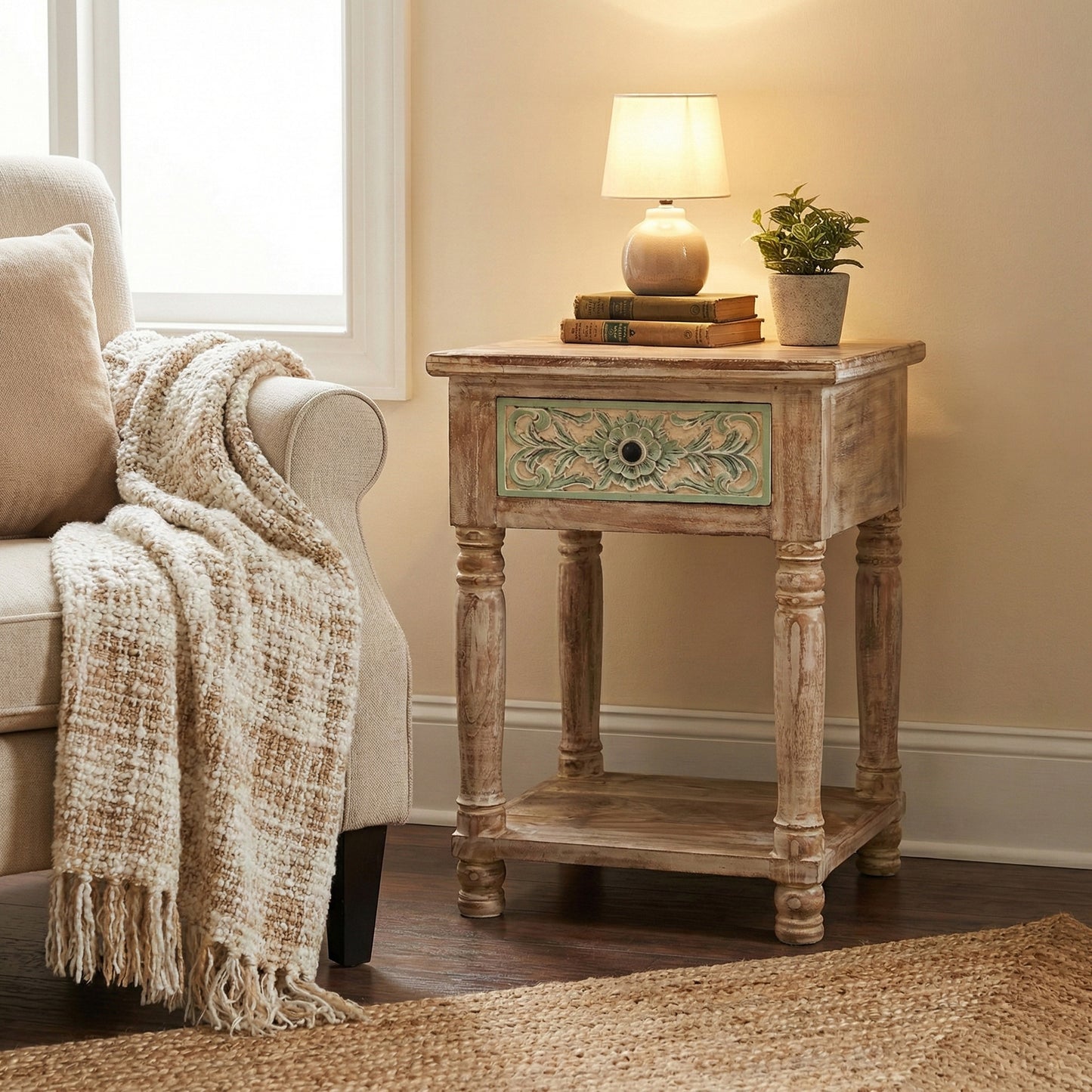 Wooden Carved Side Table 'Puspa' - Natural and Multicolor Green - 60 cm