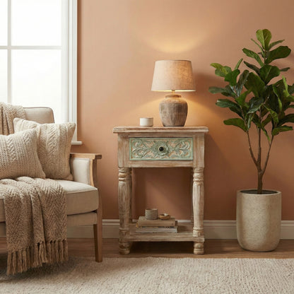 Wooden Carved Side Table 'Puspa' - Natural and Multicolor Green - 60 cm