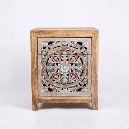 Wooden Carved Bedside Table 'Sekar' - Natural and Multicolor Blue - 60 cm