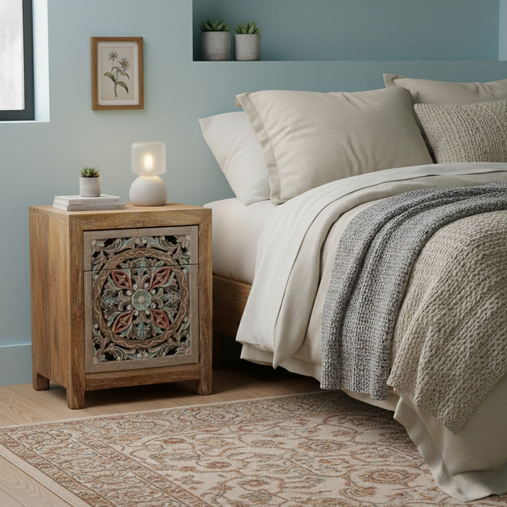 Wooden Carved Bedside Table 'Sekar' - Natural and Multicolor Blue - 60 cm