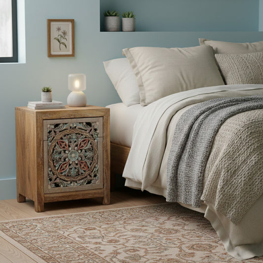 Wooden Carved Bedside Table 'Sekar' - Natural and Multicolor Blue - 60 cm