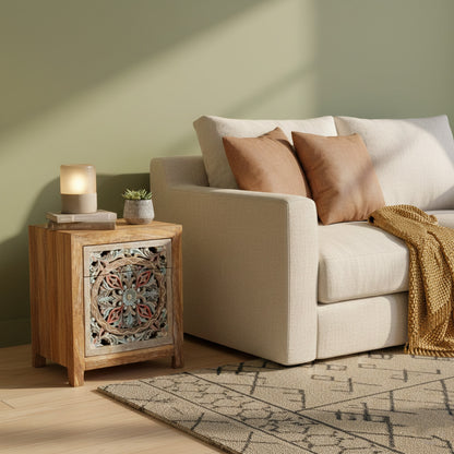 Wooden Carved Bedside Table 'Sekar' - Natural and Multicolor Blue - 60 cm