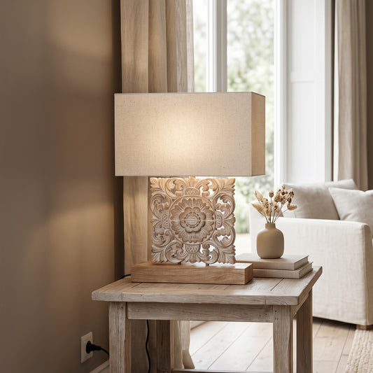 Carved Table Lamp "Benoa" - Natural Wash