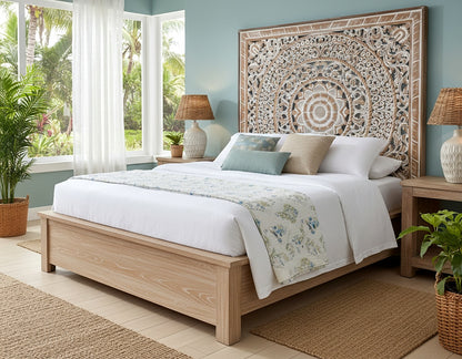 Bedroom with wooden bed, decorative headboard, and plants