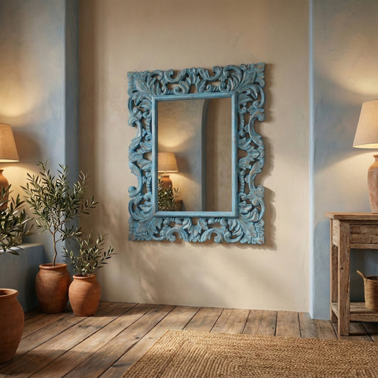 Hand Carved Mirror "Biru" Blue Wash - 90 cm