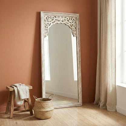 Hand Carved Mirror "Cahaya" in antic wash - 180 cm