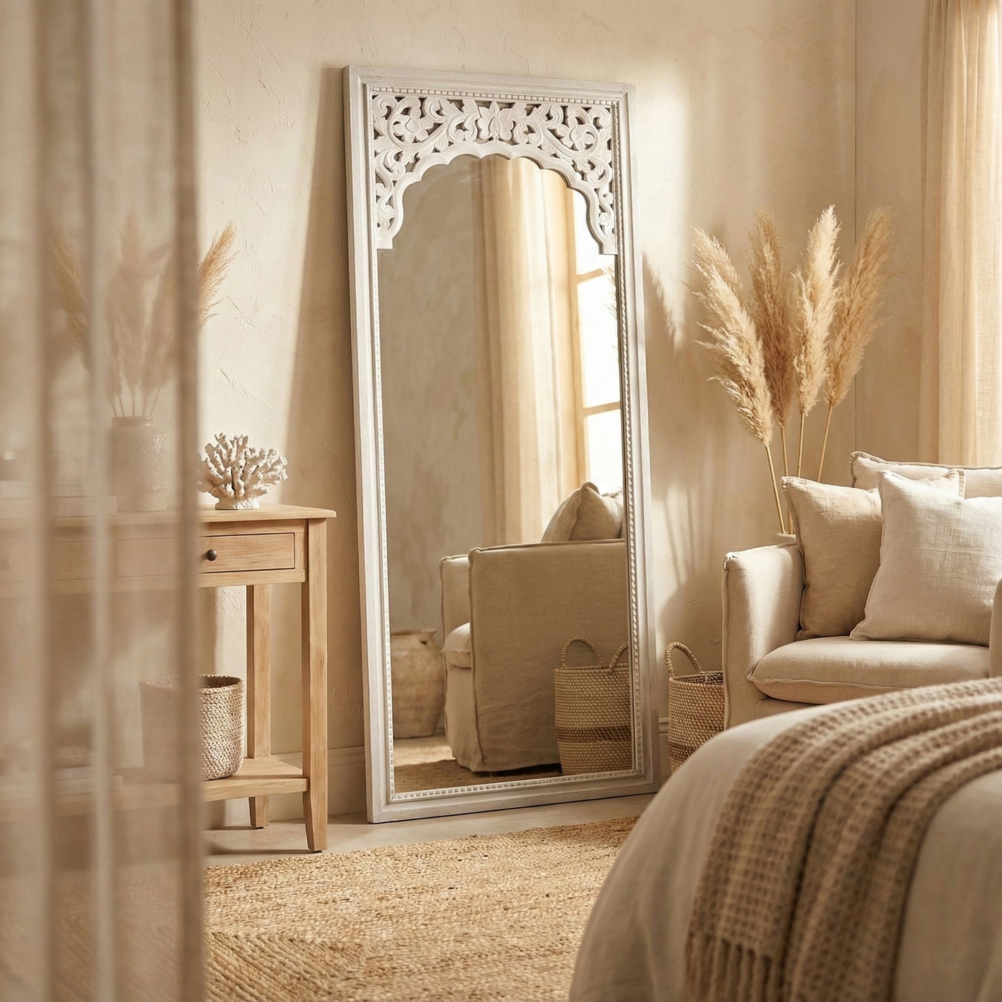 Hand Carved Mirror "Cahaya" - White - 180 cm