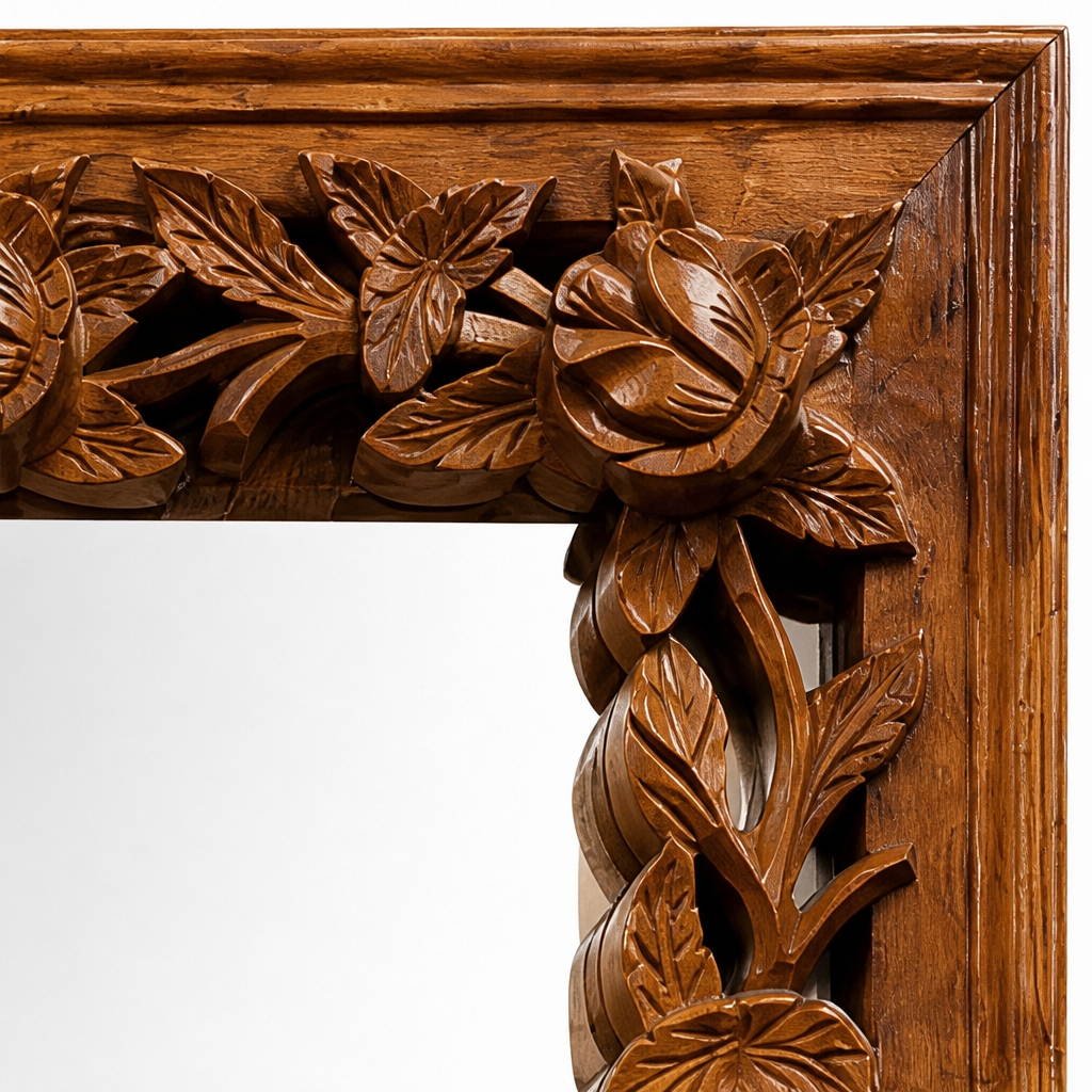 Hand-carved Wooden Mirror "Camélia" - Natural Brown - 120 x 90 cm