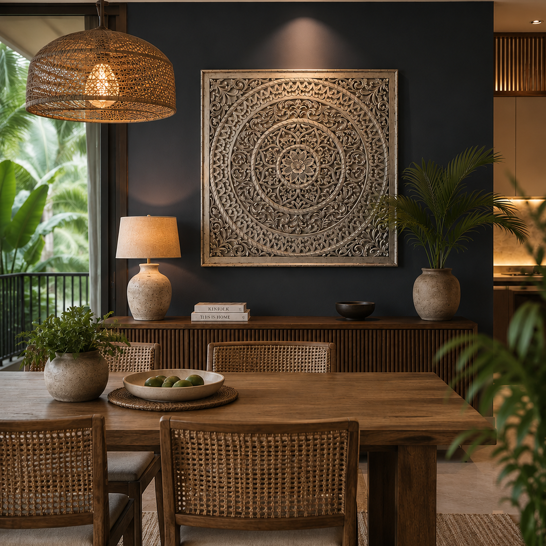 A styled dining room interior featuring a wooden dining table and woven cane chairs, set against a dark navy blue wall with a large framed mandala artwork, a wicker pendant light, and potted plants.