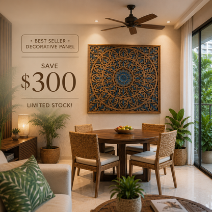 Carved Decorative Panel "Tropis" in Blue and Brown Wash - 120 x 120 cm