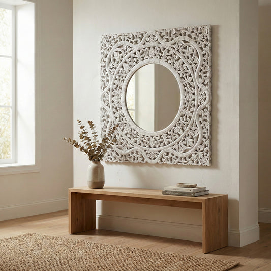 Carved Mirror "Dewata" - White Wash - 100 cm