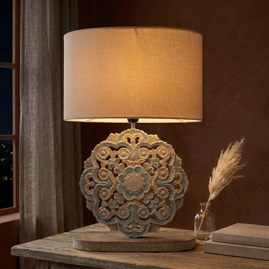 Carved Table Lamp 'Diya' - Pastel Blue