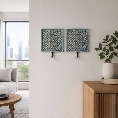 Brass Carved Hanger 'Flora' - Blue