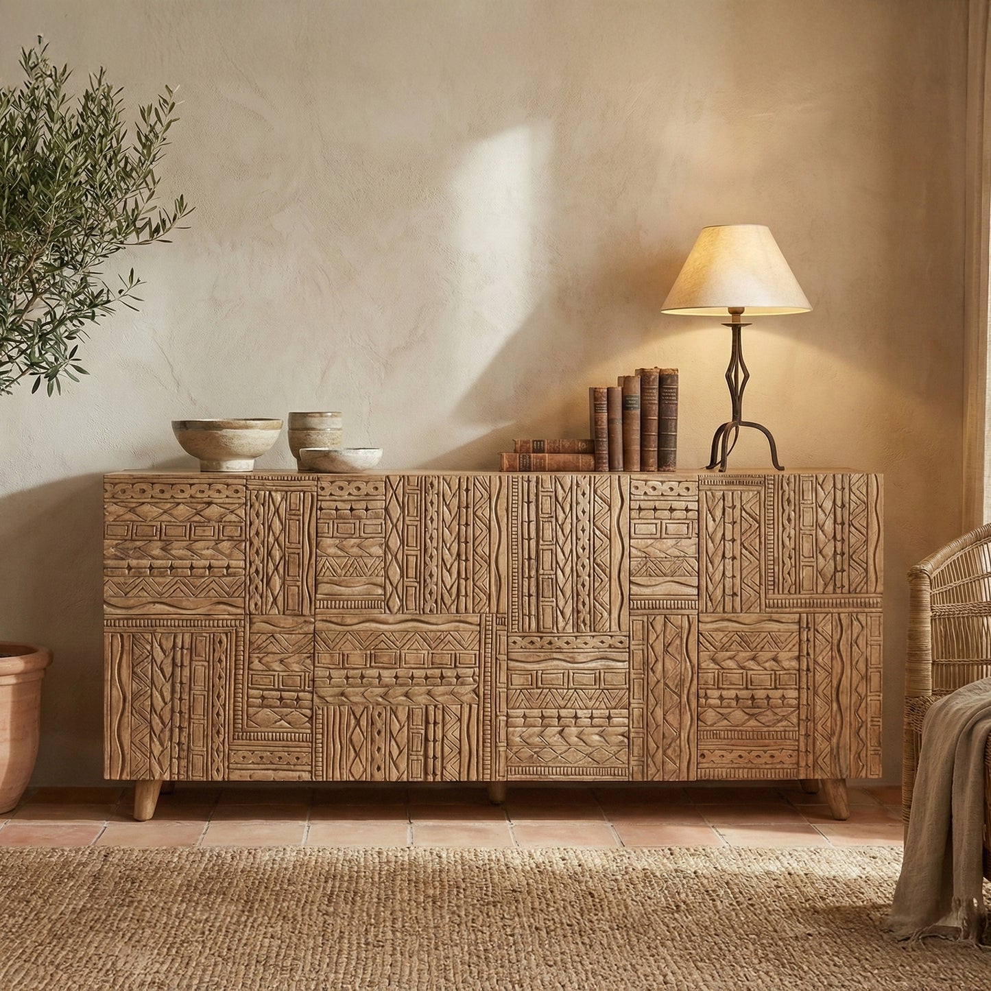 Wooden Carved Sideboard Console Cabinet "Nusantara" - Natural - 180 cm
