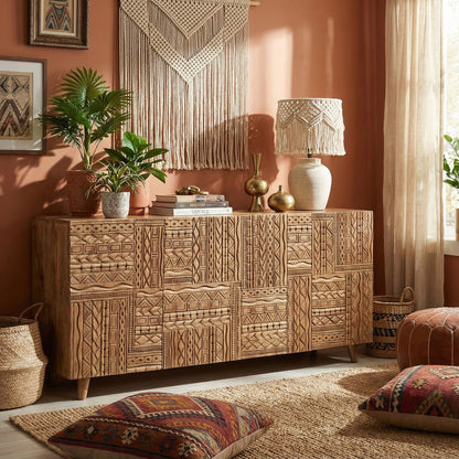 Wooden Carved Sideboard Console Cabinet "Nusantara" - Natural - 180 cm