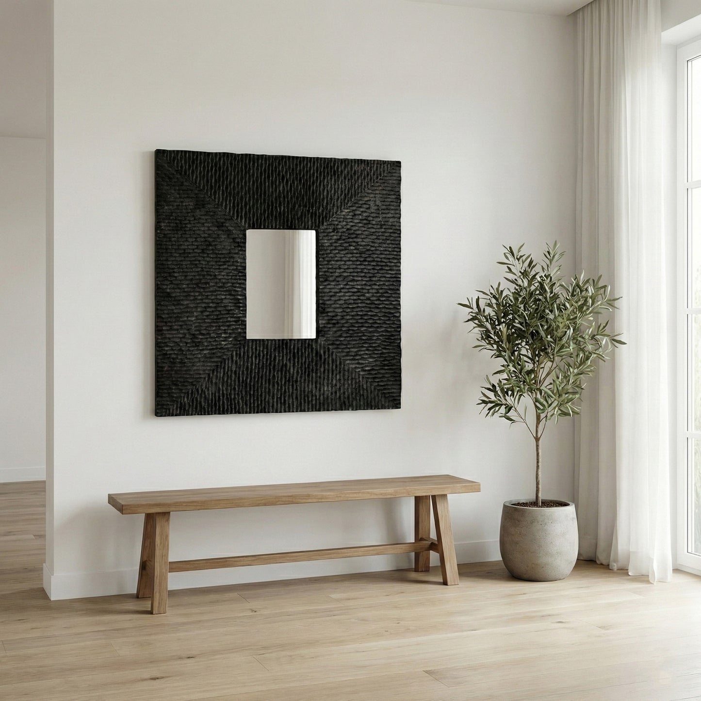 Wooden Sculptured Mirror "Rengkuh" - Black - 70 cm