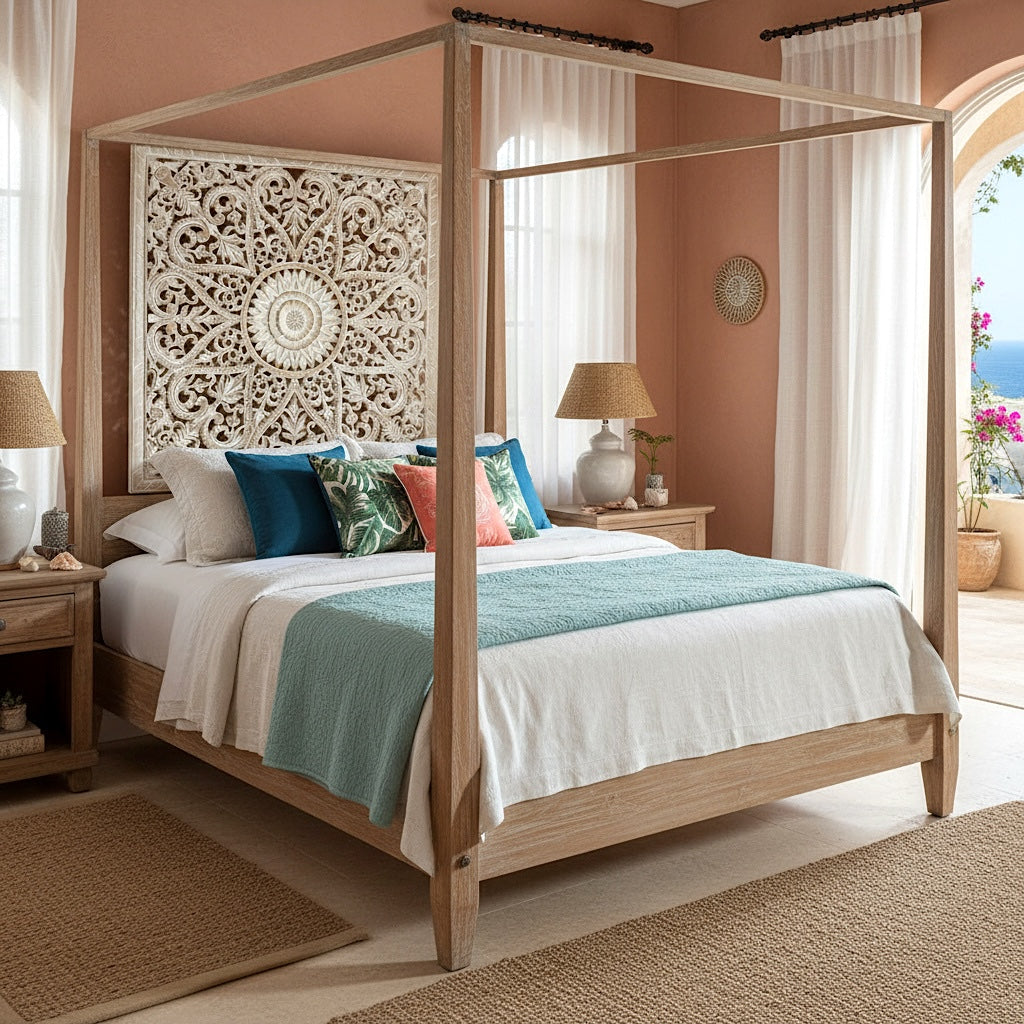 Carved Bed Headboard "Jantung" in Antic Wash