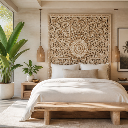 Carved Bed Headboard "Jantung" in Antic Wash