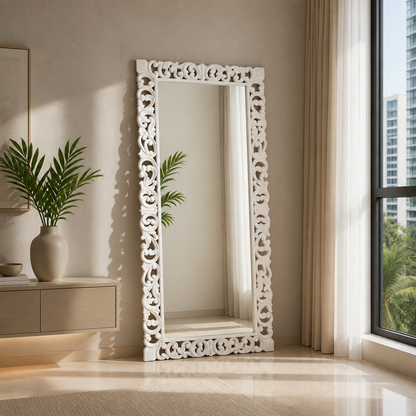 Hand Carved Mirror "Kalbu" - White - 180 x 80 cm