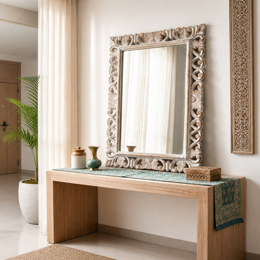 Carved Mirror "Kerang" in Natural Wash - 90 x 70 cm