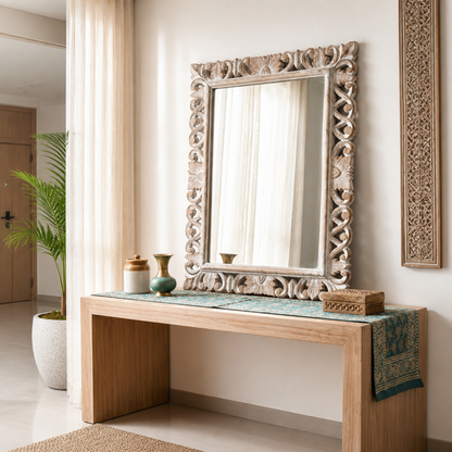 Carved Mirror "Kerang" in Natural Wash - 90 x 70 cm