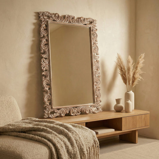 Hand Carved Mirror "Kuno"- Natural Wash - 150 cm