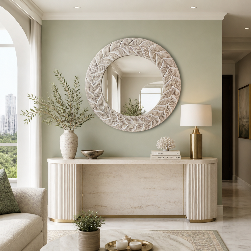 A large round wall mirror with a textured, leaf-like carved frame in a warm beige tone, mounted on a sage green wall above a light wood console table in a beautifully styled living room.