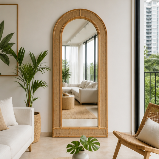 A tall arched full-length mirror with a natural wood frame stands in a bright, modern living room. The room features a white sofa, a round beige coffee table with a small potted plant, a woven chair, and a large window looking out onto a balcony.
