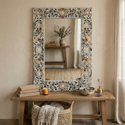 Hand Carved Mirror "Pushpa" - Blue Multicolor - 120 x 80 cm