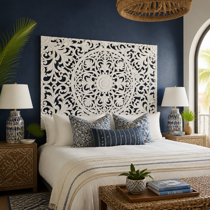 Carved Bed Headboard "Murraya" - White Wash